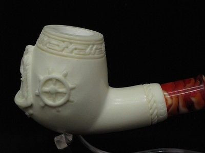 Captain Billiard Block Meerschaum Pipe Anchor Sail Boat Emblems Gift case 3825