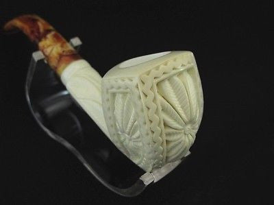 Floral Medieval Tobacco Classic Block Meerschaum Pipe Hand made Turkey Case 7781