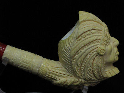 Indian Cherokee Lion Native Block Meerschaum Pipe Fitting Case Long Shank 9164