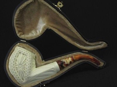 Floral Medieval Tobacco Classic Block Meerschaum Pipe Hand made Turkey Case 7781
