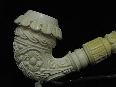 Floral Bent Calabash Churchwarden Solid Block Meerschaum pipe Big Bowl Case 6742