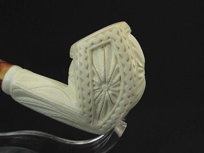 Floral Medieval Tobacco Classic Block Meerschaum Pipe Hand made Turkey Case 7781