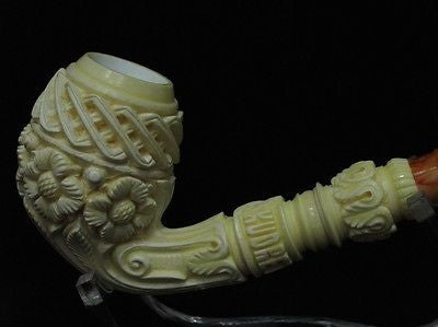 Bent Floral Celtic Block Meerschaum pipe Long Shank by Kudret Big Bowl Case 4085