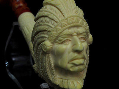 Indian Cherokee Lion Native Block Meerschaum Pipe Fitting Case Long Shank 9164