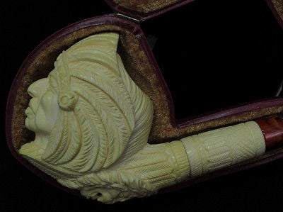 Indian Cherokee Lion Native Block Meerschaum Pipe Fitting Case Long Shank 9164