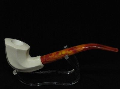 Smooth Paneled Block Meerschaum Pipe Long stem Light weight Gift case Ideal 0357