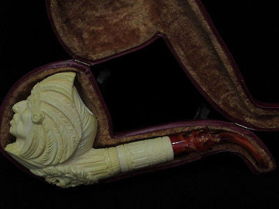 Indian Cherokee Lion Native Block Meerschaum Pipe Fitting Case Long Shank 9164