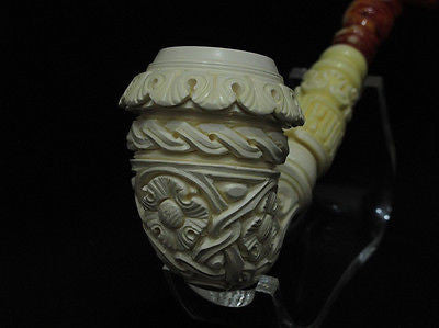 Floral Bent Calabash Churchwarden Solid Block Meerschaum pipe Big Bowl Case 6742