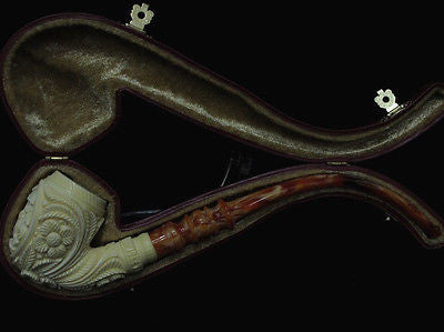 Full Bent Floral Embossed Horse Churchwarden Meerschaum Pipe by Kudret Gift 4696