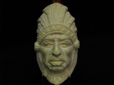 Indian Cherokee Lion Native Block Meerschaum Pipe Fitting Case Long Shank 9164