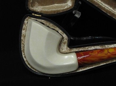 Smooth Paneled Block Meerschaum Pipe Long stem Light weight Gift case Ideal 0357