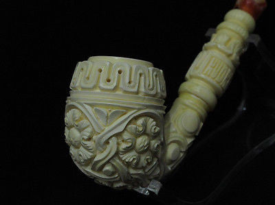 Floral Full Bent Oom Paul Churchwarden Meerschaum pipe by Kudret Big Bowl 0136