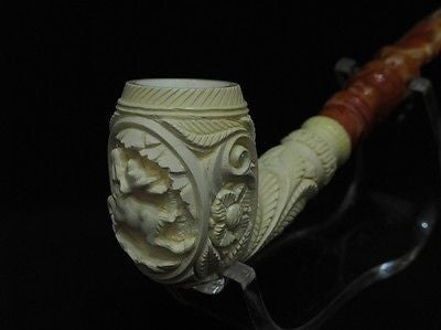 Floral Deer figurative Bent Churchwarden Meerschaum Pipe Kudret Hand made 4750