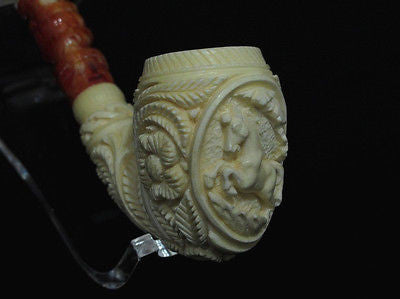 Full Bent Floral Embossed Horse Churchwarden Meerschaum Pipe by Kudret Gift 4696