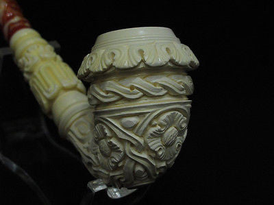 Floral Bent Calabash Churchwarden Solid Block Meerschaum pipe Big Bowl Case 6742