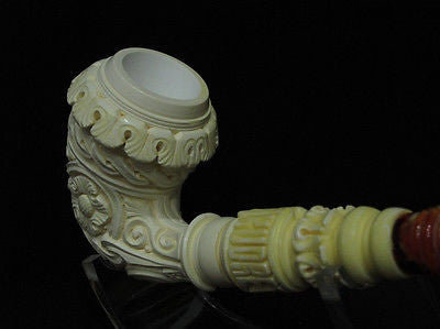Floral Bent Calabash Churchwarden Solid Block Meerschaum pipe Big Bowl Case 6742