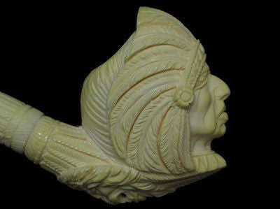 Indian Cherokee Lion Native Block Meerschaum Pipe Fitting Case Long Shank 9164