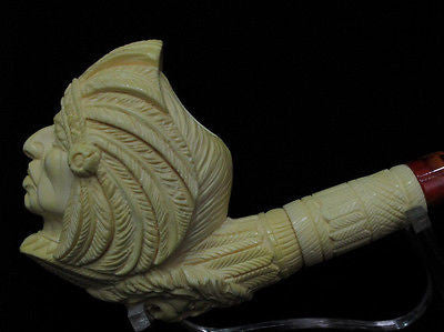 Indian Cherokee Lion Native Block Meerschaum Pipe Fitting Case Long Shank 9164