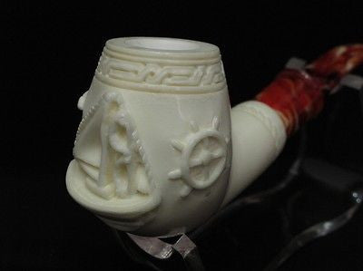 Captain Billiard Block Meerschaum Pipe Anchor Sail Boat Emblems Gift case 3825