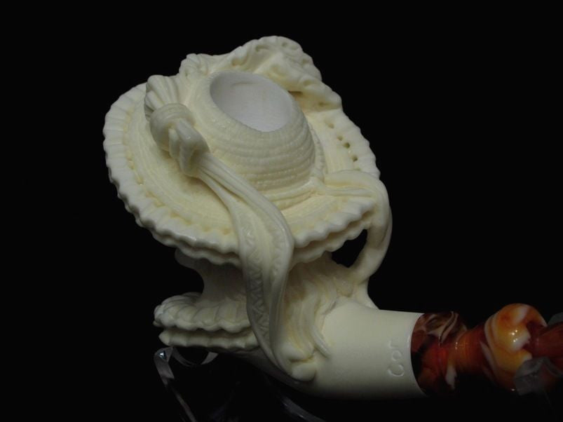 Beautiful Smiling Lady Woman w/Hat Block Meerschaum pipe by Cor Gift Case 7286