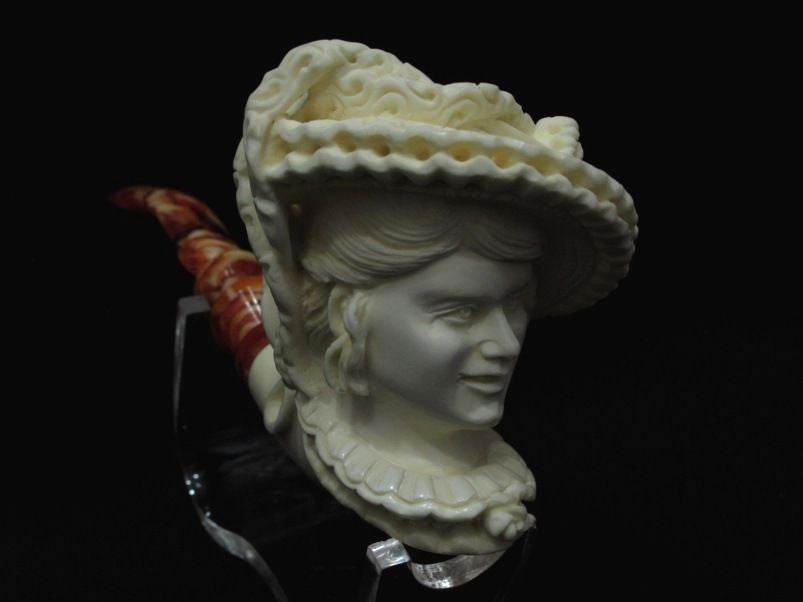 Beautiful Smiling Lady Woman w/Hat Block Meerschaum pipe by Cor Gift Case 7286