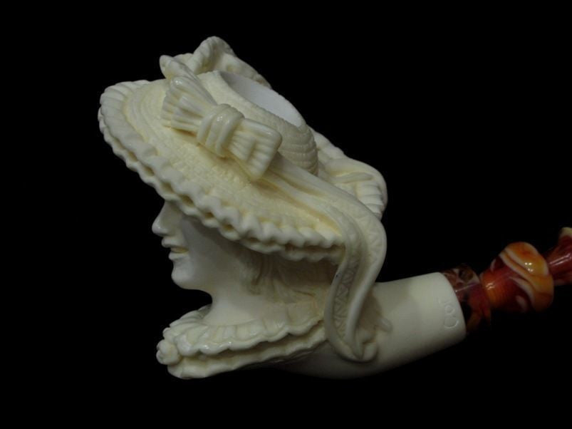 Beautiful Smiling Lady Woman w/Hat Block Meerschaum pipe by Cor Gift Case 7286