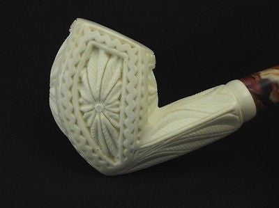 Floral Medieval Tobacco Classic Block Meerschaum Pipe Hand made Turkey Case 7781