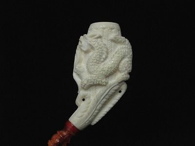2 Embossed Dragons Meerschaum Pipe Horn shape by Medet smoking Mythological 0402