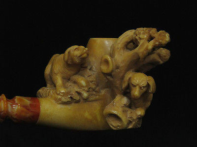 2 Hunter Dogs Block Meerschaum Pipe Tree Animal Figurative Free hand Case 9891