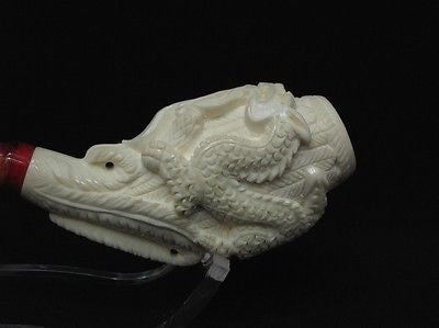 2 Embossed Dragons Meerschaum Pipe Horn shape by Medet smoking Mythological 0402