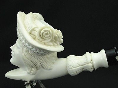 Lady Woman w/Floral Hat Smoking Block Meerschaum Pipe Acrylic Stem Turkey 0446