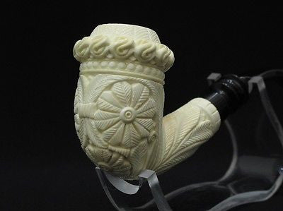 Bent Floral Calabash Block Meerschaum Pipe Gift Case Hand Carved Big Bowl 0726