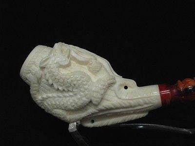 2 Embossed Dragons Meerschaum Pipe Horn shape by Medet smoking Mythological 0402