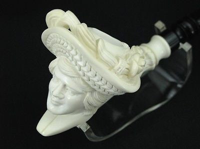 Lady Woman w/Floral Hat Smoking Block Meerschaum Pipe Acrylic Stem Turkey 0446