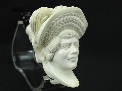 Lady Woman w/Floral Hat Smoking Block Meerschaum Pipe Acrylic Stem Turkey 0446