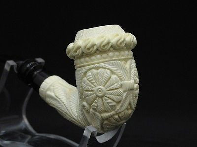 Bent Floral Calabash Block Meerschaum Pipe Gift Case Hand Carved Big Bowl 0726