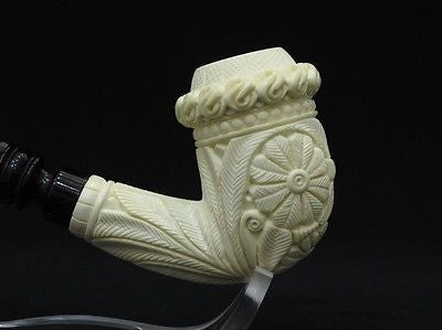 Bent Floral Calabash Block Meerschaum Pipe Gift Case Hand Carved Big Bowl 0726