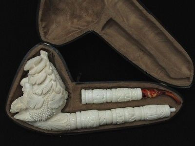 Giant Bacchus Vineyard Block Meerschaum Pipe Rare Turkey Self fitting case 9612