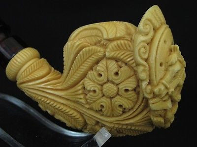 Floral Horse Emblem in Horseshoe Block Meerschaum Pipe w/Flowers by Mesut 1996