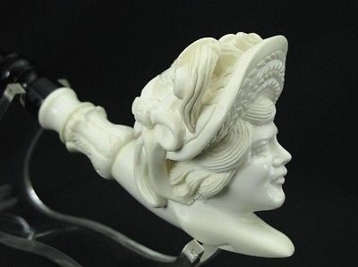 Lady Woman w/Floral Hat Smoking Block Meerschaum Pipe Acrylic Stem Turkey 0446