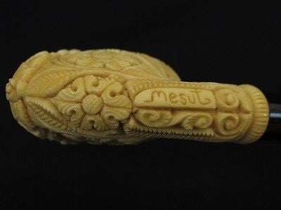 Floral Horse Emblem in Horseshoe Block Meerschaum Pipe w/Flowers by Mesut 1996