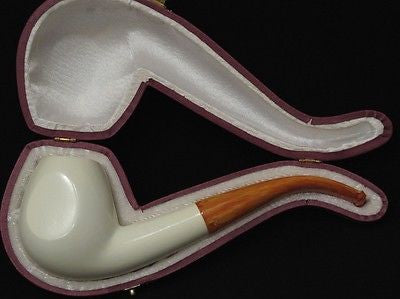Bent Smooth Egg w/Long Shank Meerschaum Pipe Tobacco Smoking Big Bowl Case 7071