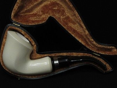 Smooth Bent Calabash Block Meerschaum Pipe Silver Acrylic stem Colors great 2959