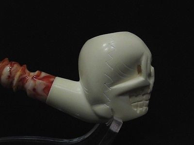 Skull Horror Tobacco Block Meerschaum Pipe Hand Made Gift Case Stand Pouch 3246