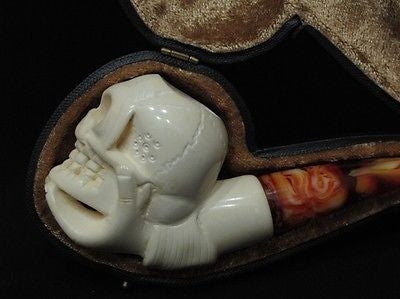 Hamlet Skull in Man Hand Bent Meerschaum Pipe kranium grim reaper sea foam 5604