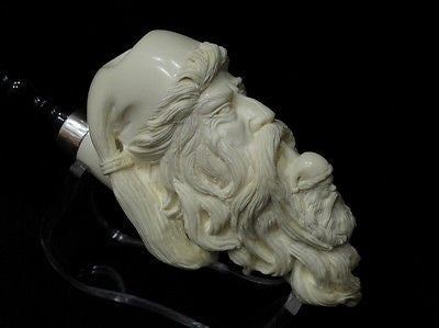 Old Fez Man Smoking Meerschaum Pipe 925 Sterling Silver Free hand Big Bowl 6547