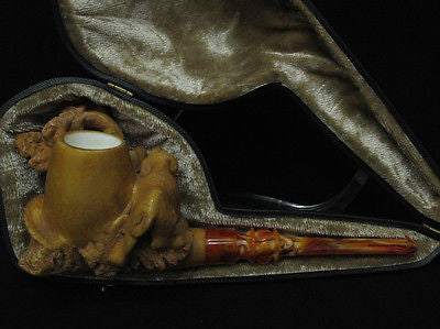 2 Hunter Dogs Block Meerschaum Pipe Tree Animal Figurative Free hand Case 9891