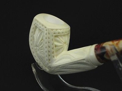 Floral Medieval Tobacco Classic Block Meerschaum Pipe Hand made Turkey Case 7781