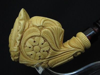 Floral Horse Emblem in Horseshoe Block Meerschaum Pipe w/Flowers by Mesut 1996