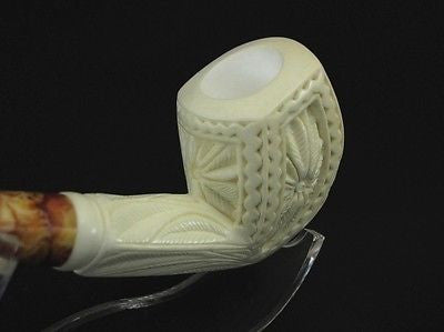 Floral Medieval Tobacco Classic Block Meerschaum Pipe Hand made Turkey Case 7781
